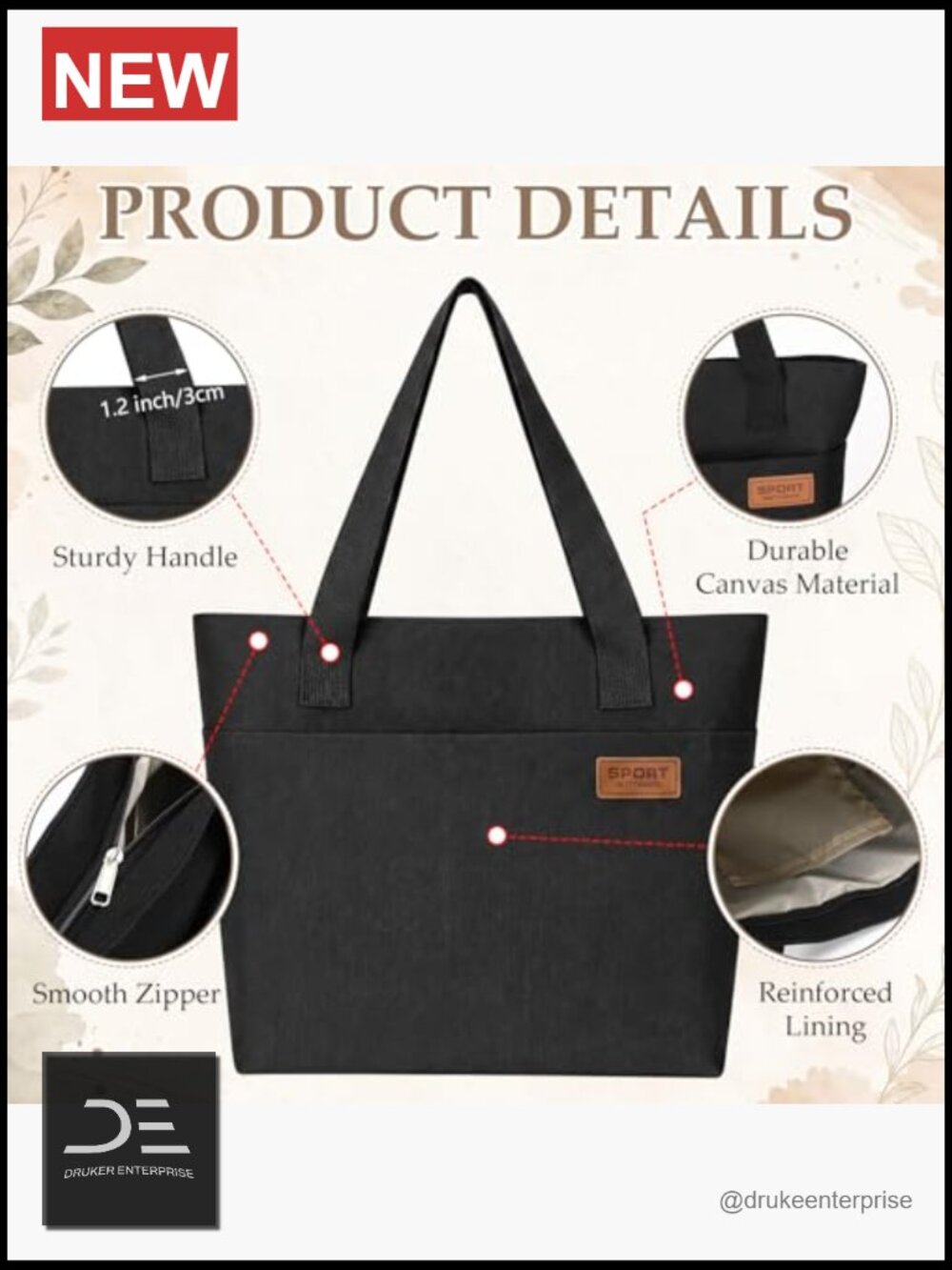 Canvas Tote Bag, Reusable Shoulder Handbag with Zipper, Multi-Pocket, Durable, - Picture 5 of 7